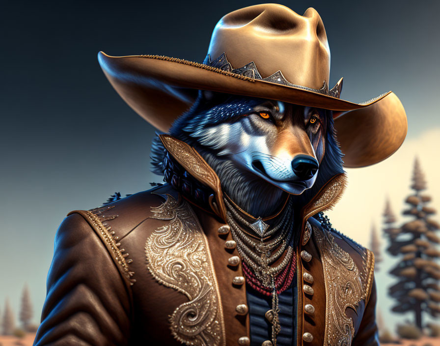 Cowboy-themed anthropomorphic wolf in nature setting