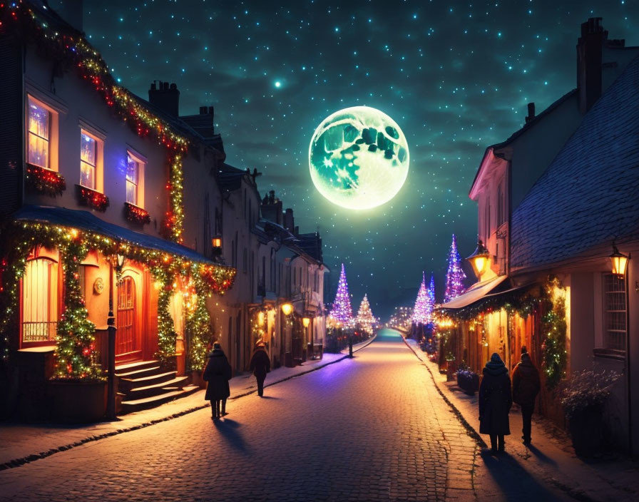 Night scene with street decorations, moon, and starry sky.