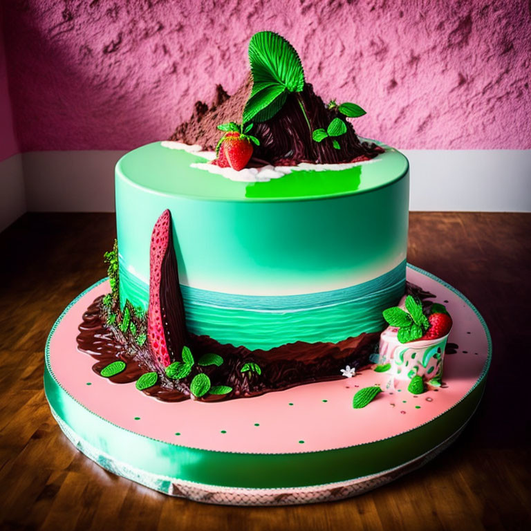 Mint green fondant cake with chocolate ganache, strawberries, and mint leaves