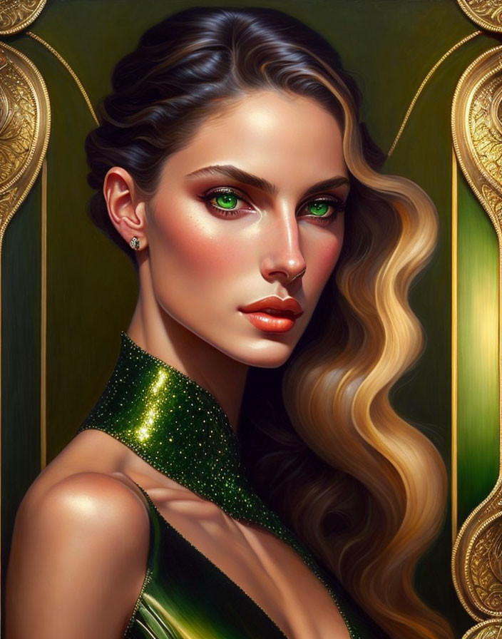 Woman with Wavy Hair in Glittery Green Dress on Golden Background