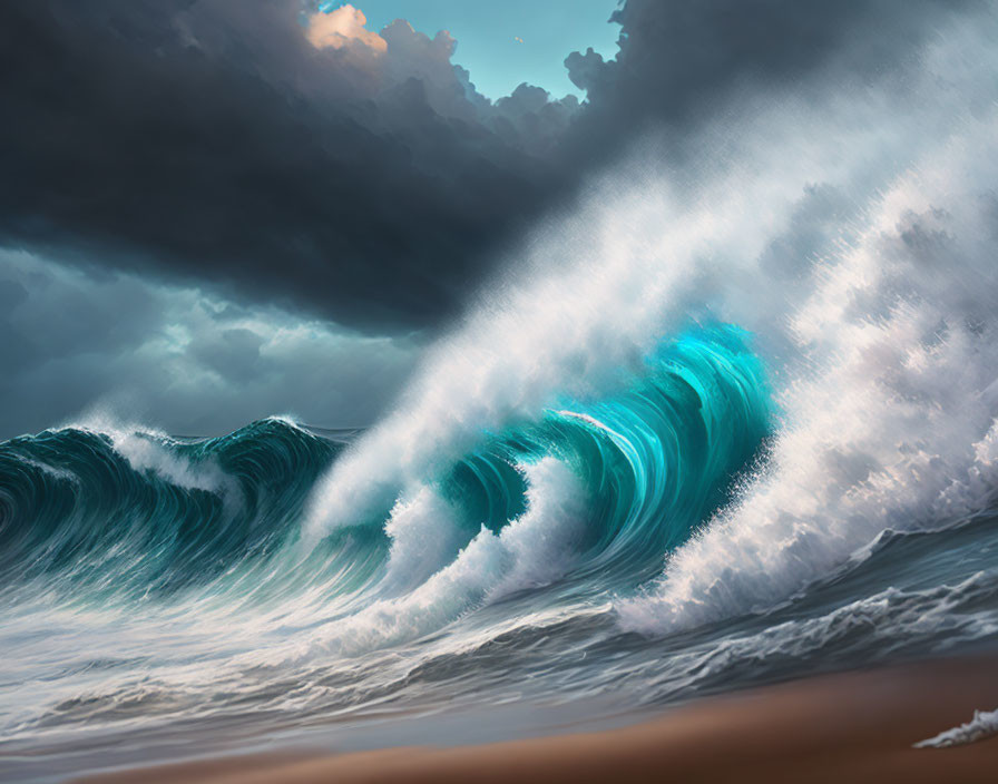 Stormy sky with aqua and white foamy waves under sunlight rays