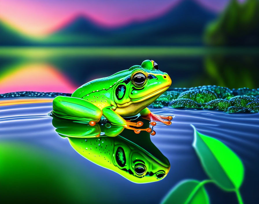 Colorful Frog on Leaf Reflecting in Water Against Sunset Mountains