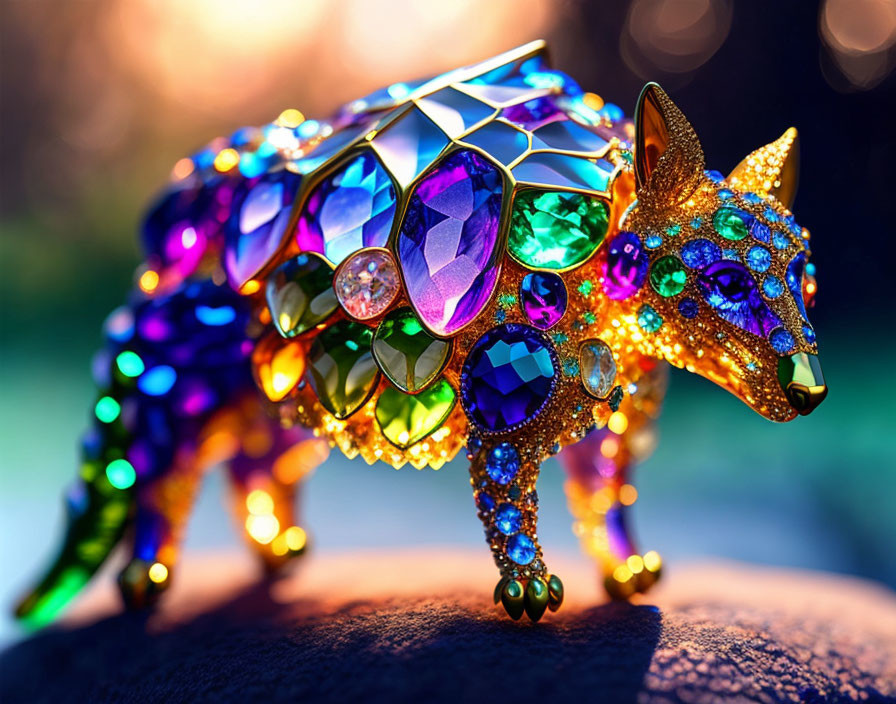 Colorful Gemstone Armadillo Figurine in Gold Frame