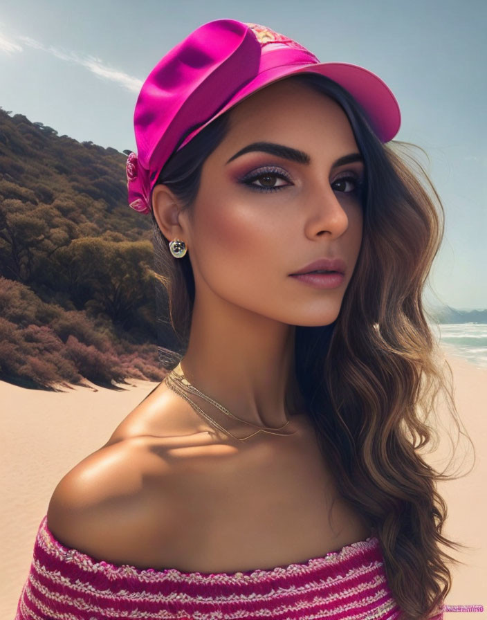 Woman with wavy hair in pink cap and off-shoulder top on sandy beach