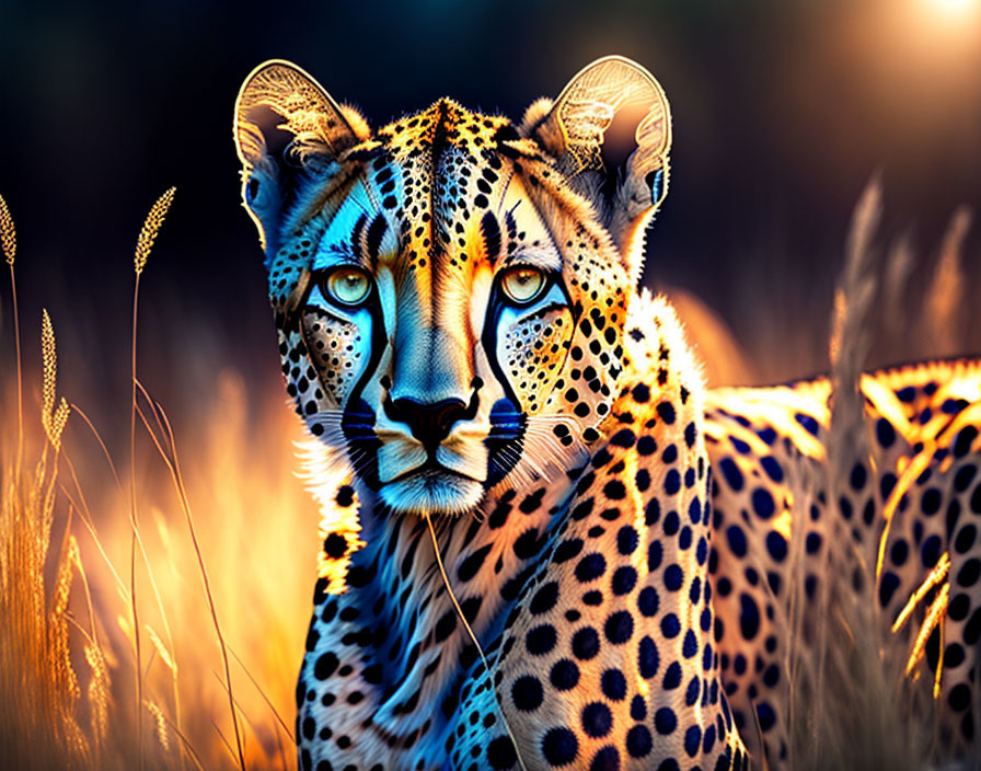 Cheetah with Vibrant Blue Eyes in Golden Grass