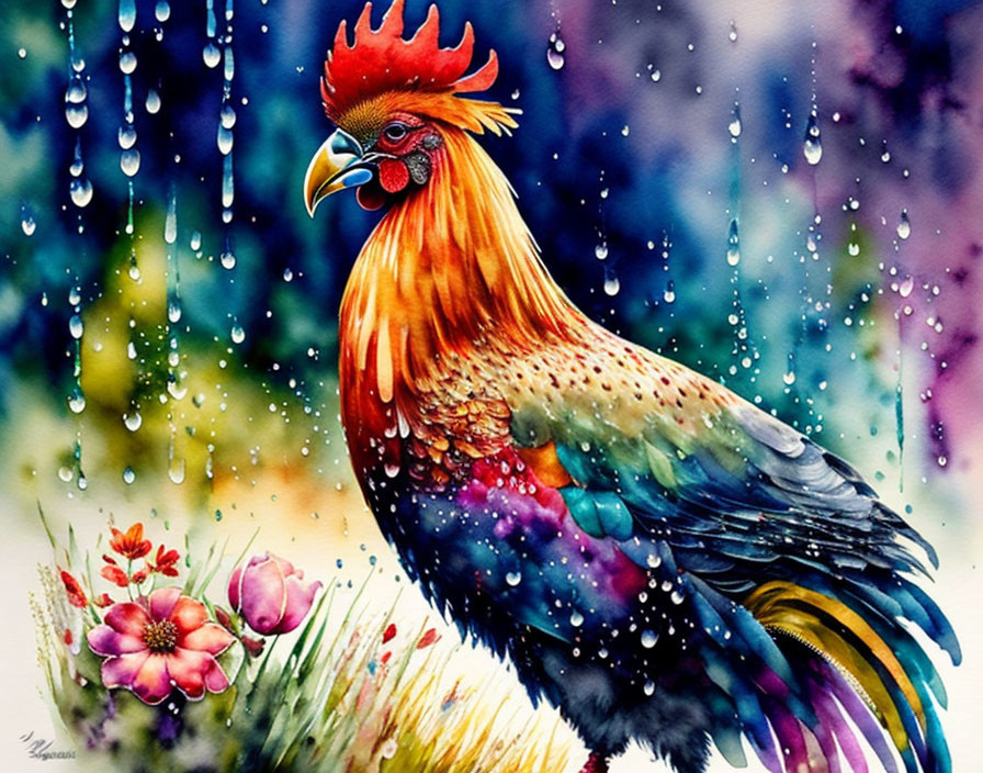 Colorful Rooster Watercolor Painting with Raindrops & Flowers