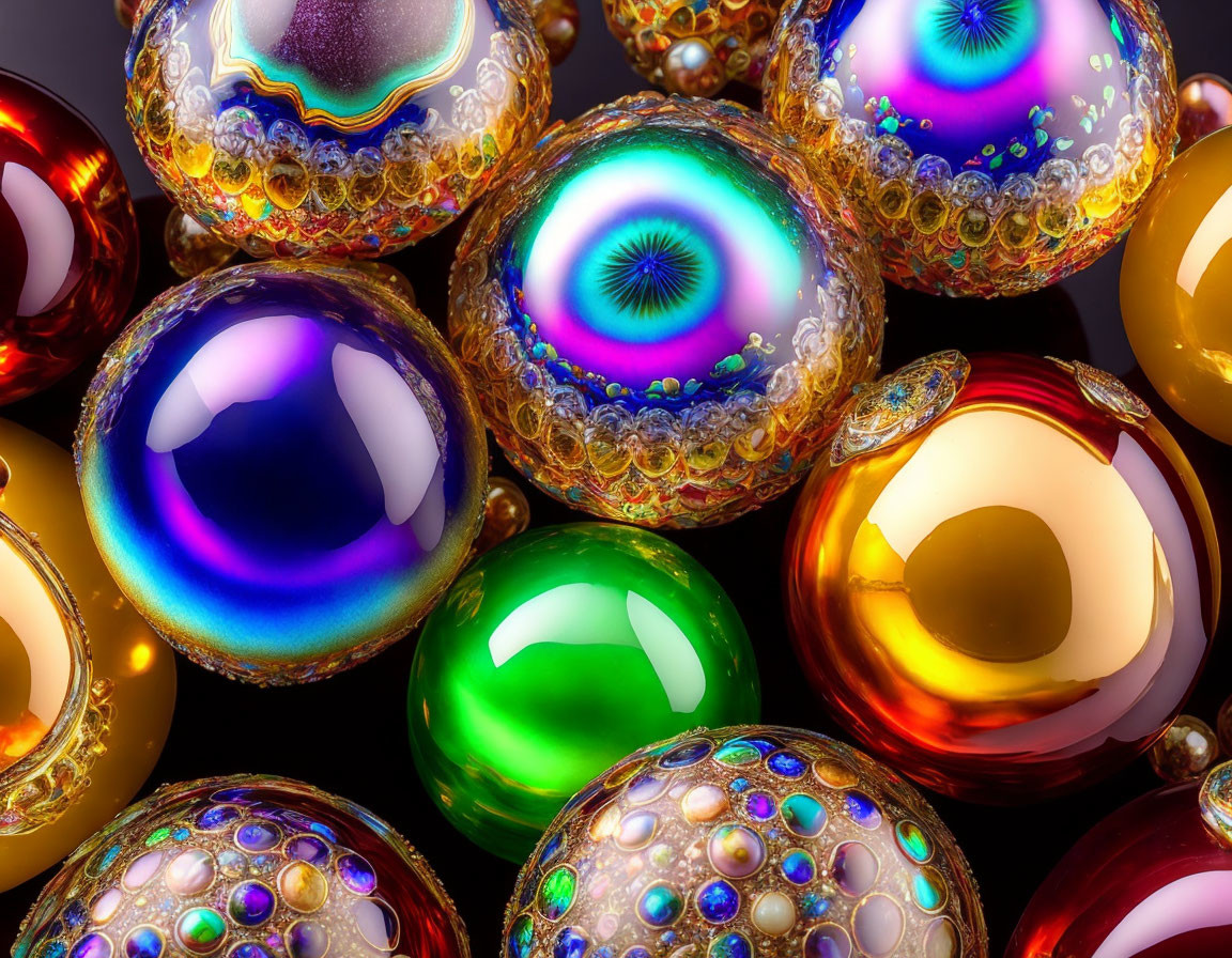 Intricate glass spheres with colorful patterns and reflective surfaces