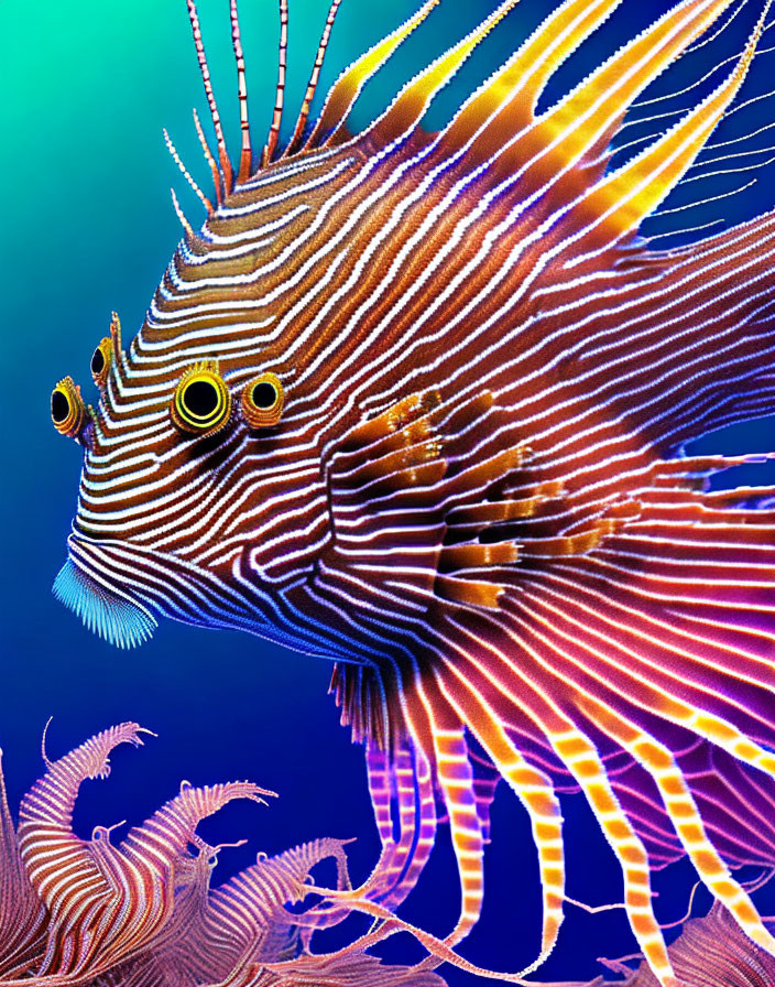 Vibrant lionfish with striped patterns and flowing fins in blue ocean setting