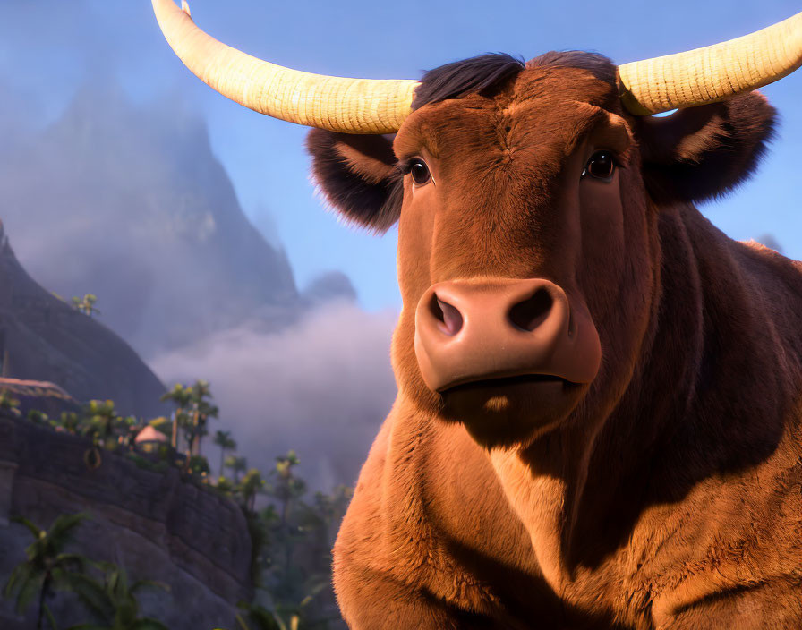 Animated brown bull with large horns against misty mountain backdrop