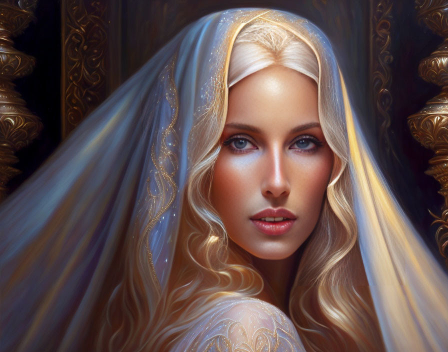 Blonde woman with blue eyes in gold-detailed veil