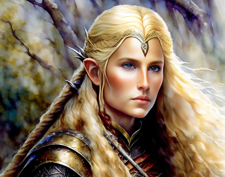 Blonde-haired elf with diadem in forest setting