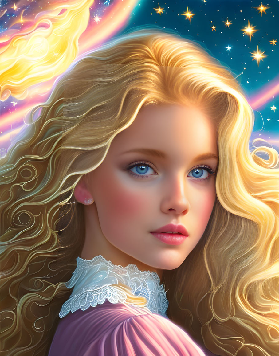 Young woman's digital portrait with blonde hair and cosmic backdrop