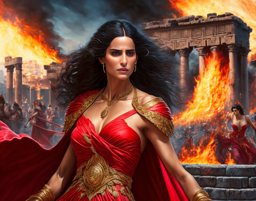 Dark-haired woman in red warrior dress amidst fiery battle scene