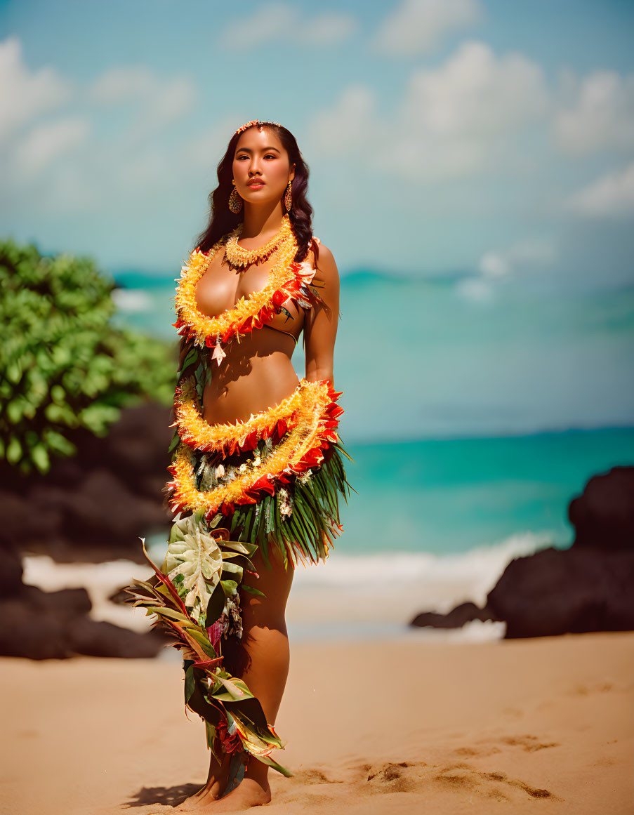 Polynesian woman in floral lei on beach with blue sky and ocean