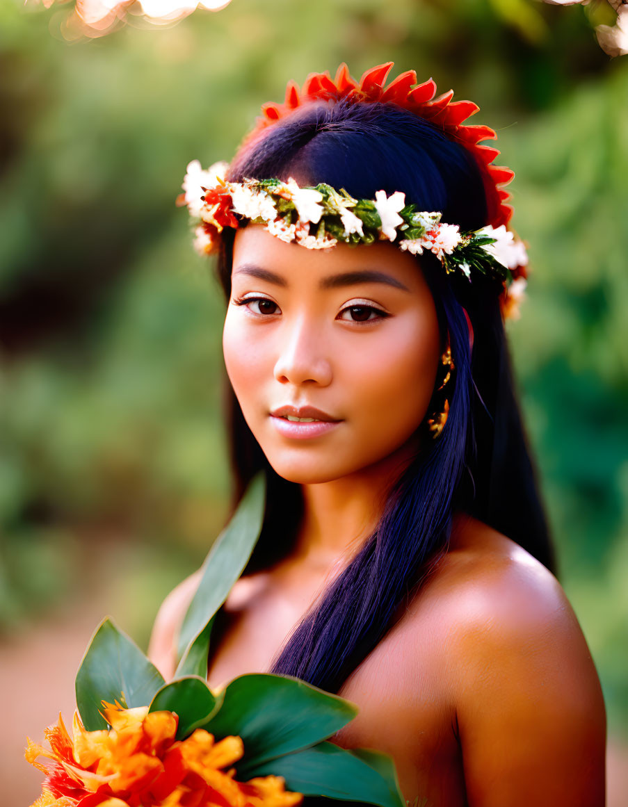 Woman with floral headpiece holding orange flowers in soft bokeh background