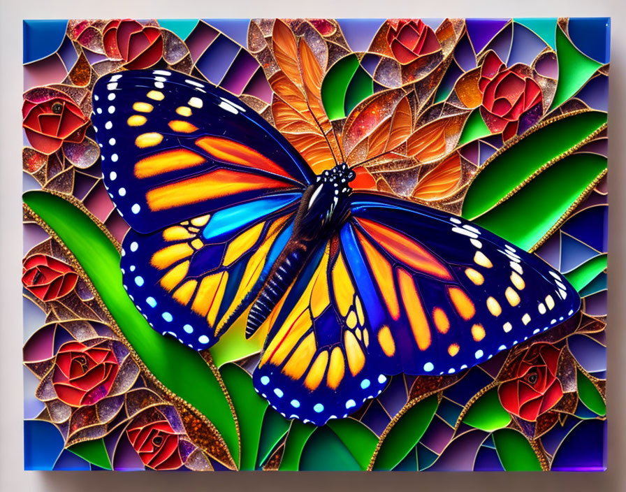 Colorful Monarch Butterfly Illustration Among Leaves and Roses