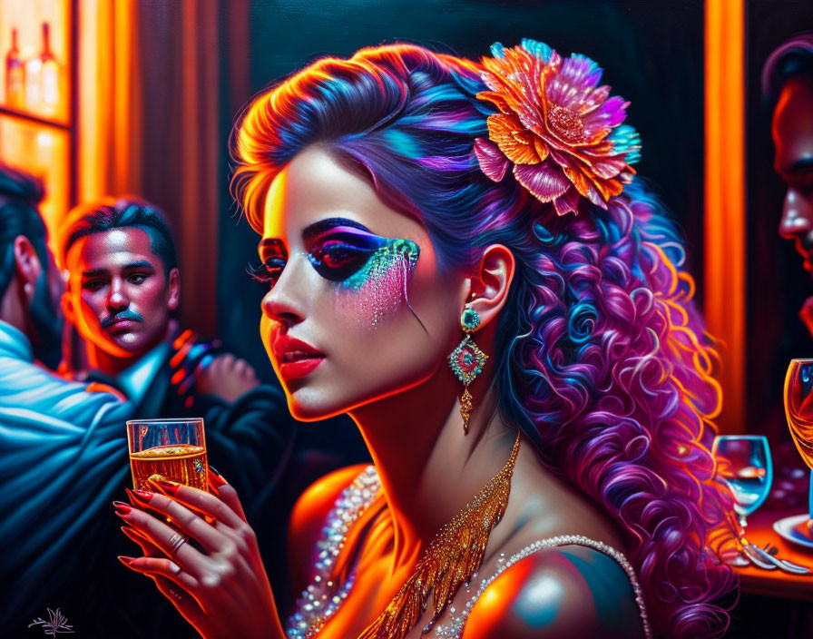 Colorful hair woman with elaborate makeup holding a champagne glass in softly lit setting