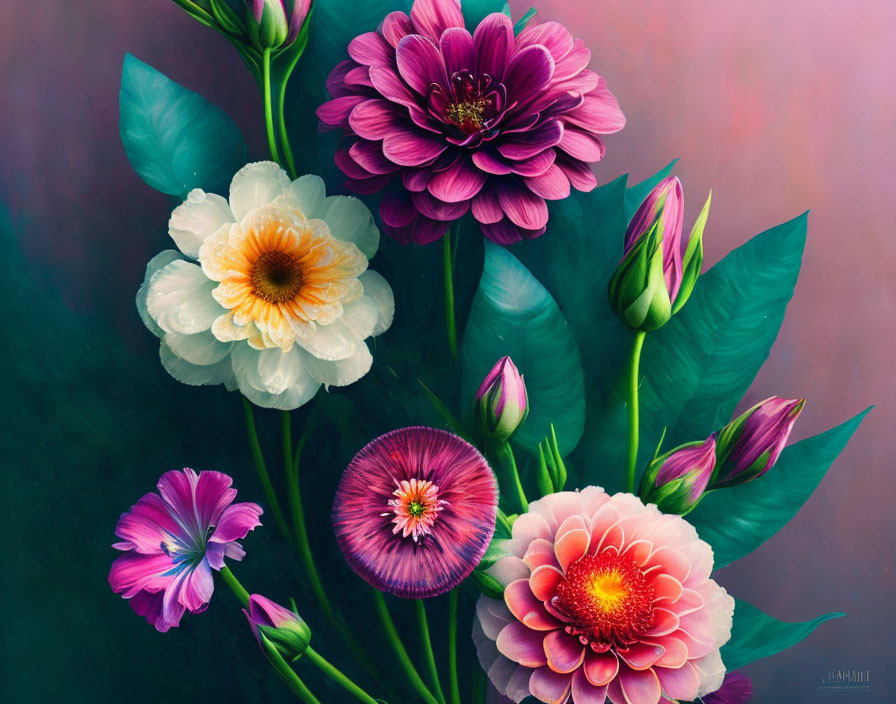 Assorted Flowers Painting: Pink, White, Purple Blooms on Gradient Background