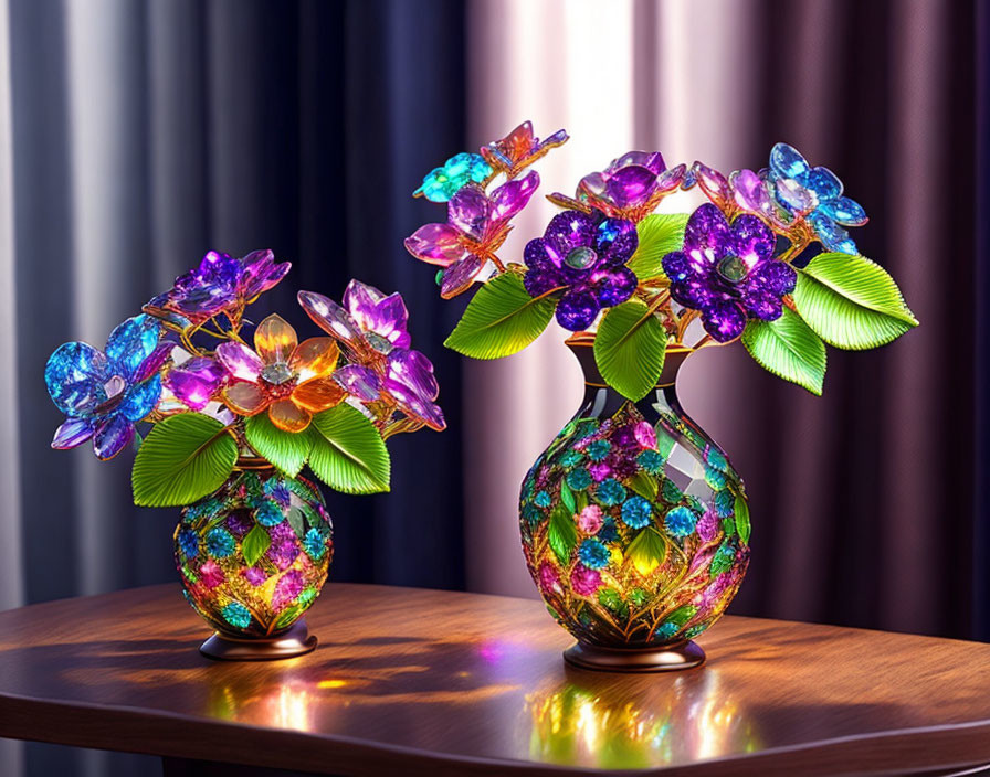 Colorful Crystal Flower Bouquets in Mosaic Vases on Wooden Table