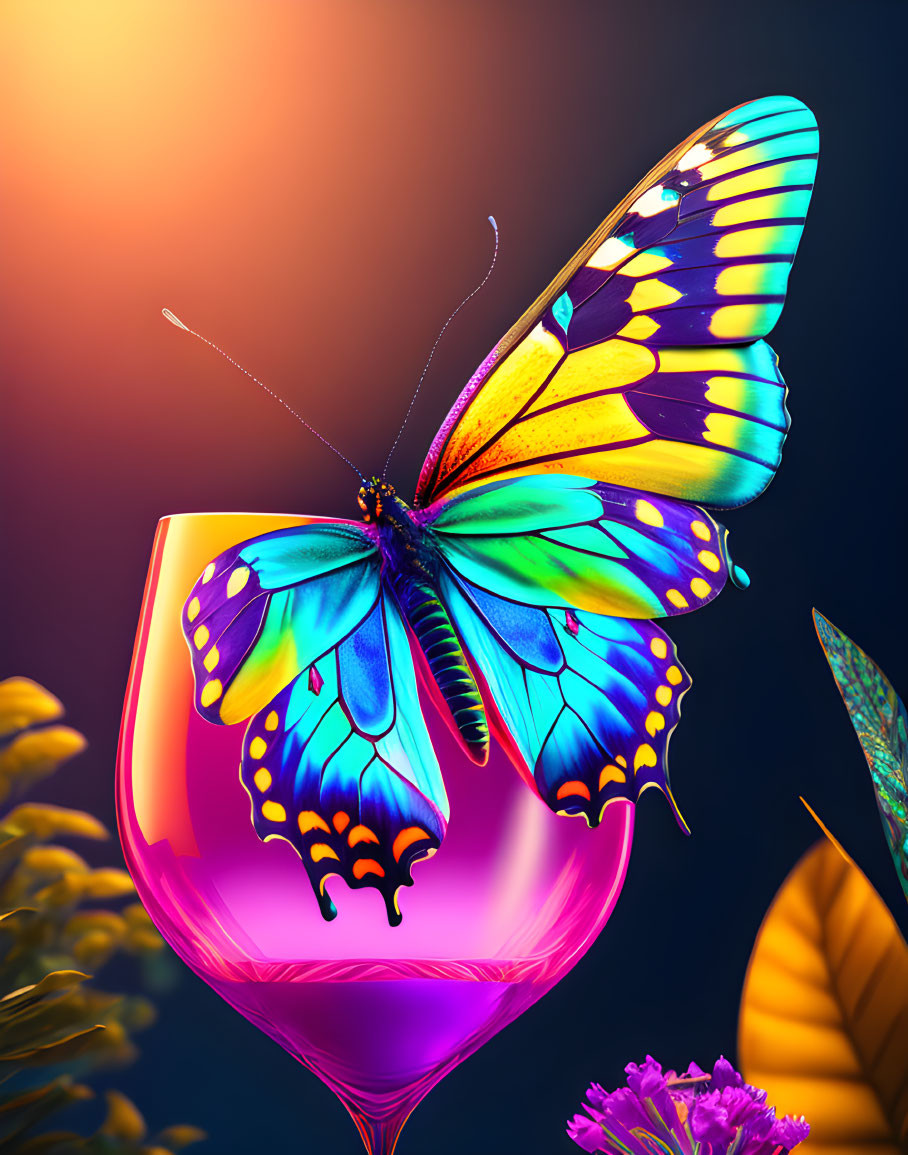 Colorful Butterfly Resting on Pink Glass with Warm Background