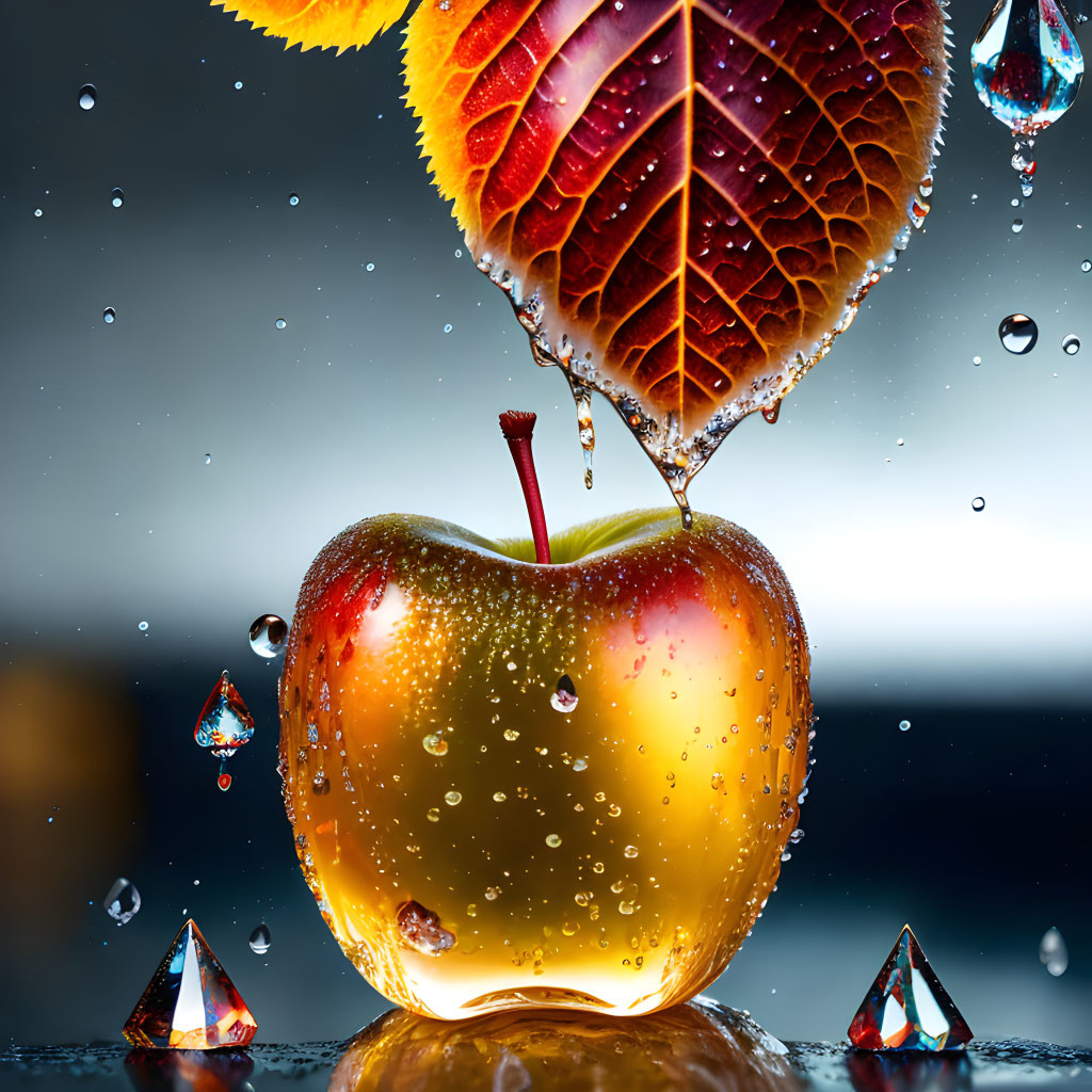 Fresh apple with water droplets and leaves on dark background.