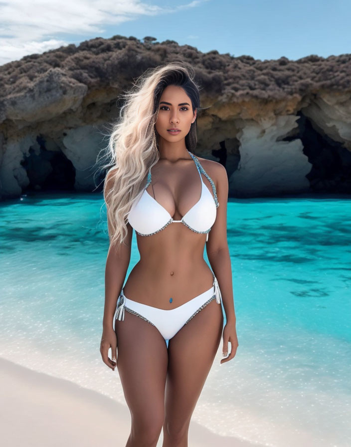 Person in white bikini on beach with clear blue waters and rocky backdrop