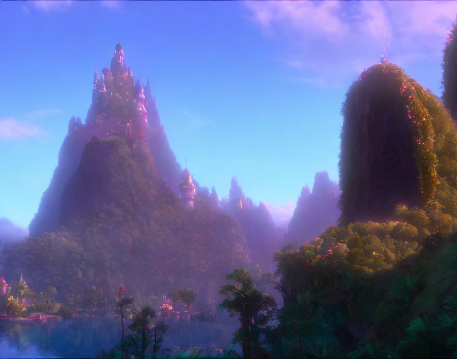 Mystical landscape with towering castle, misty mountains, lush forests, lake, and glowing sky