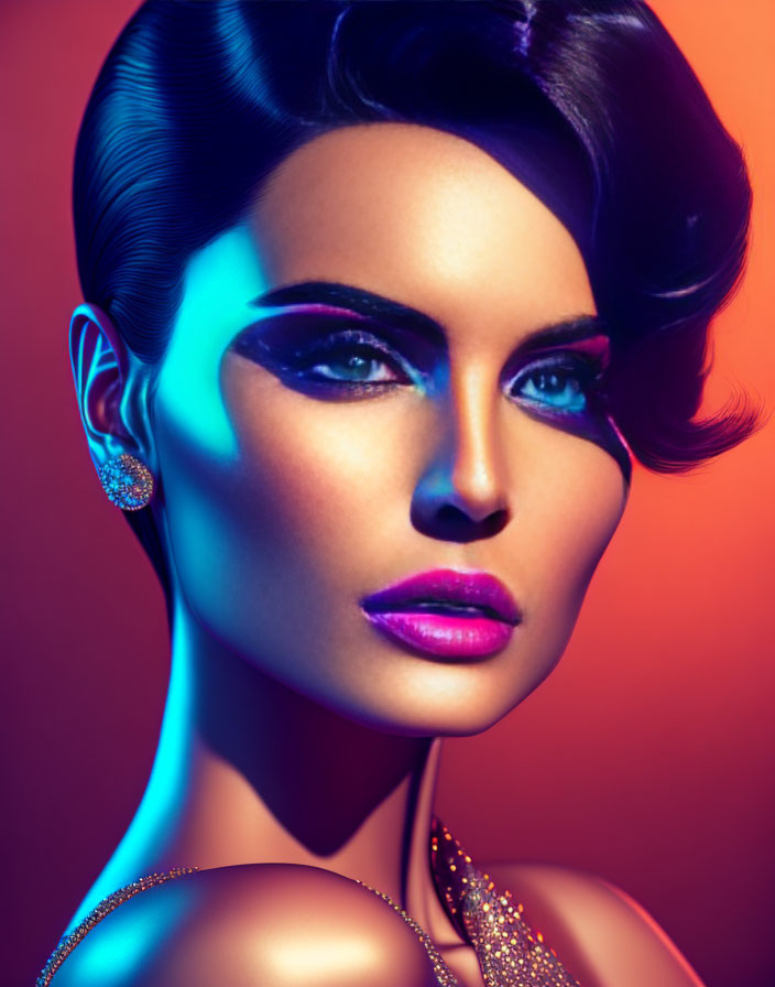 Woman with Dramatic Makeup and Styled Hair on Orange and Blue Gradient Background with Sparkling Jewelry