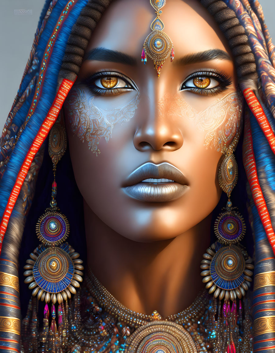 Elaborately detailed digital portrait of a woman with tribal face markings