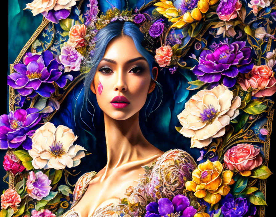 Blue-Haired Woman Surrounded by Colorful Flowers