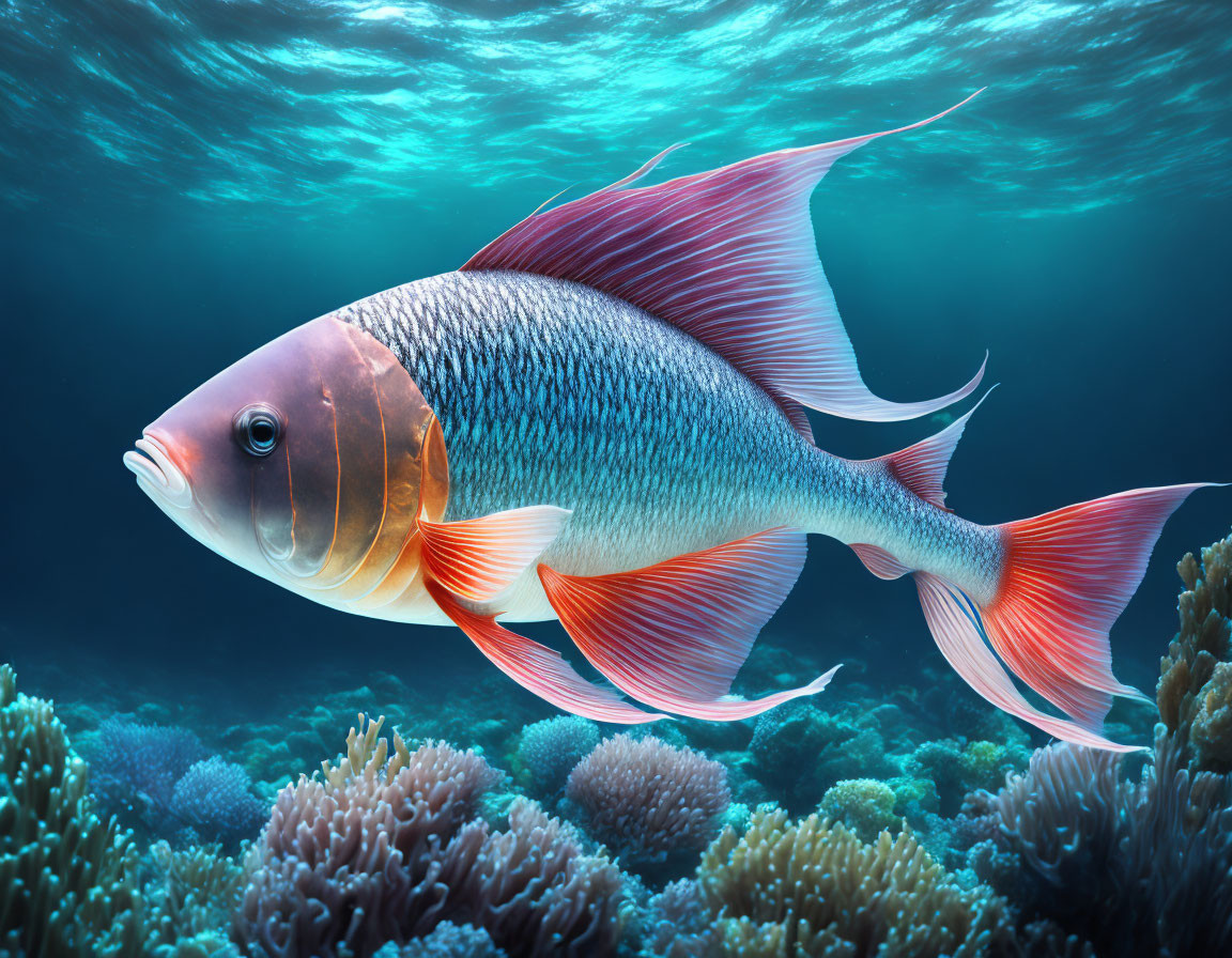 Colorful Fish Swimming Above Coral Reef in Dappled Ocean Light