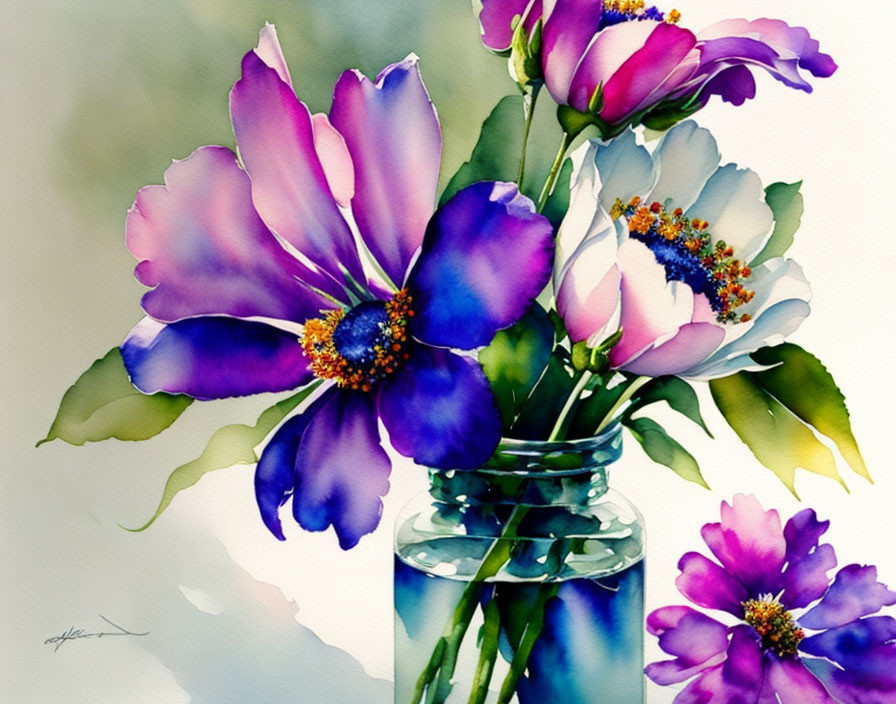 Colorful Watercolor Painting of Purple Flowers in Blue Vase