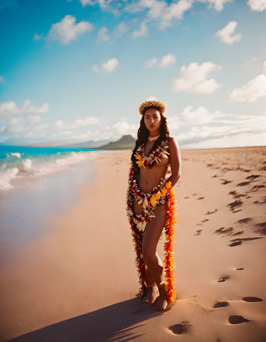 Traditional Polynesian woman on sandy beach with mountain view