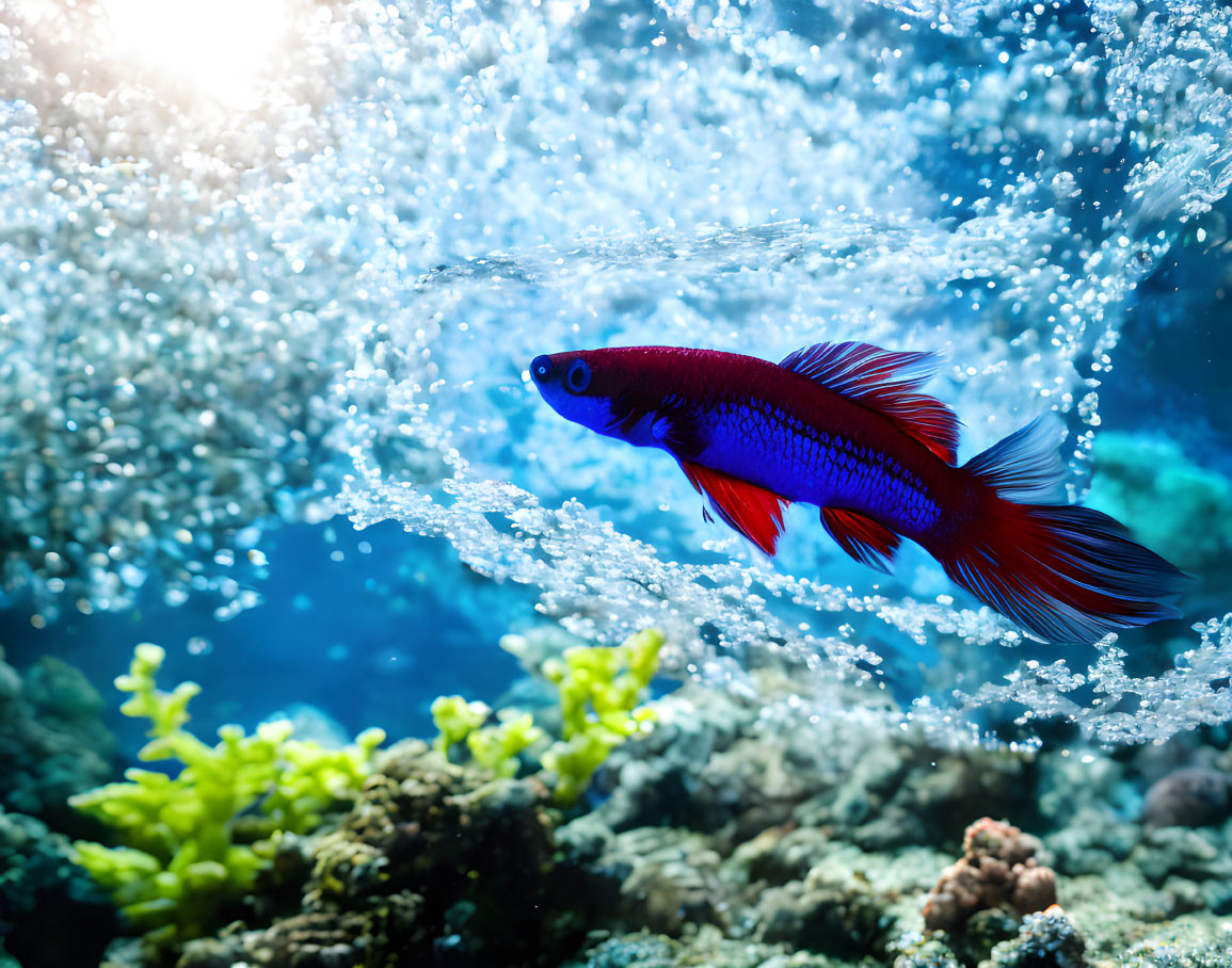 Vibrant Red Betta Fish Swimming in Blue Aquarium