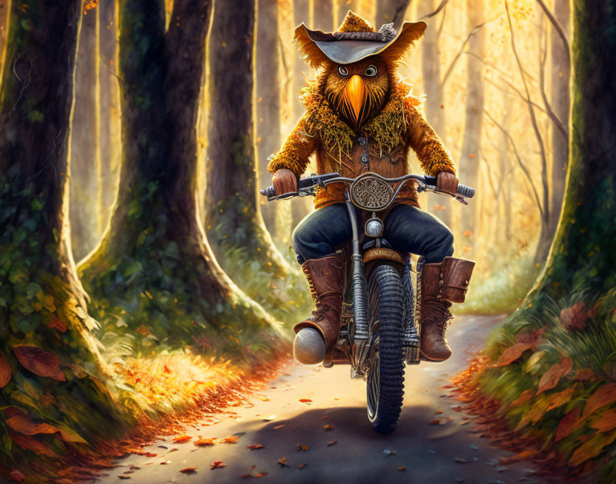 Anthropomorphic owl in hat and jacket on motorcycle in sunny forest