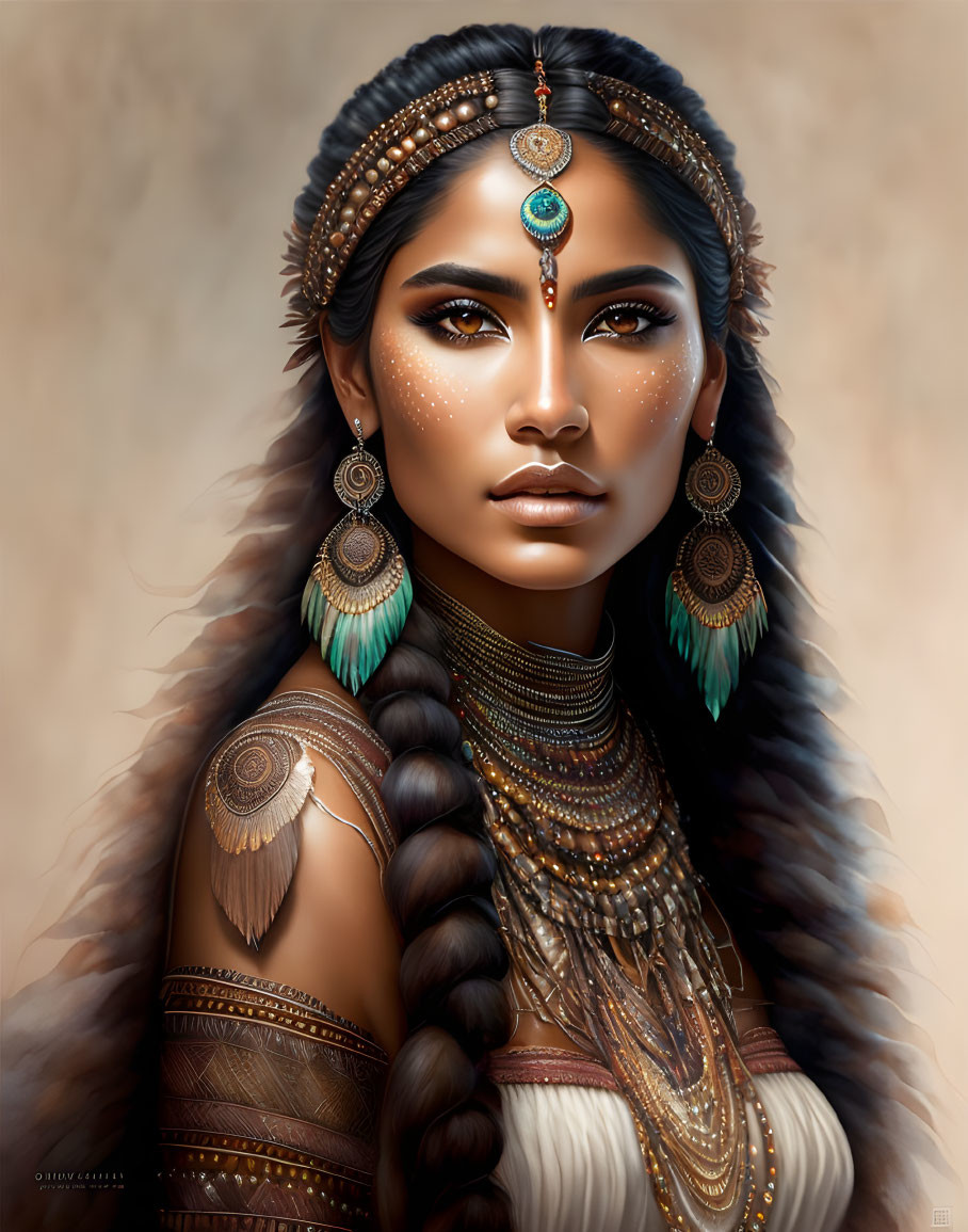 Detailed digital art portrait of a woman with tribal jewelry, feather accessories, braided hair, and traditional