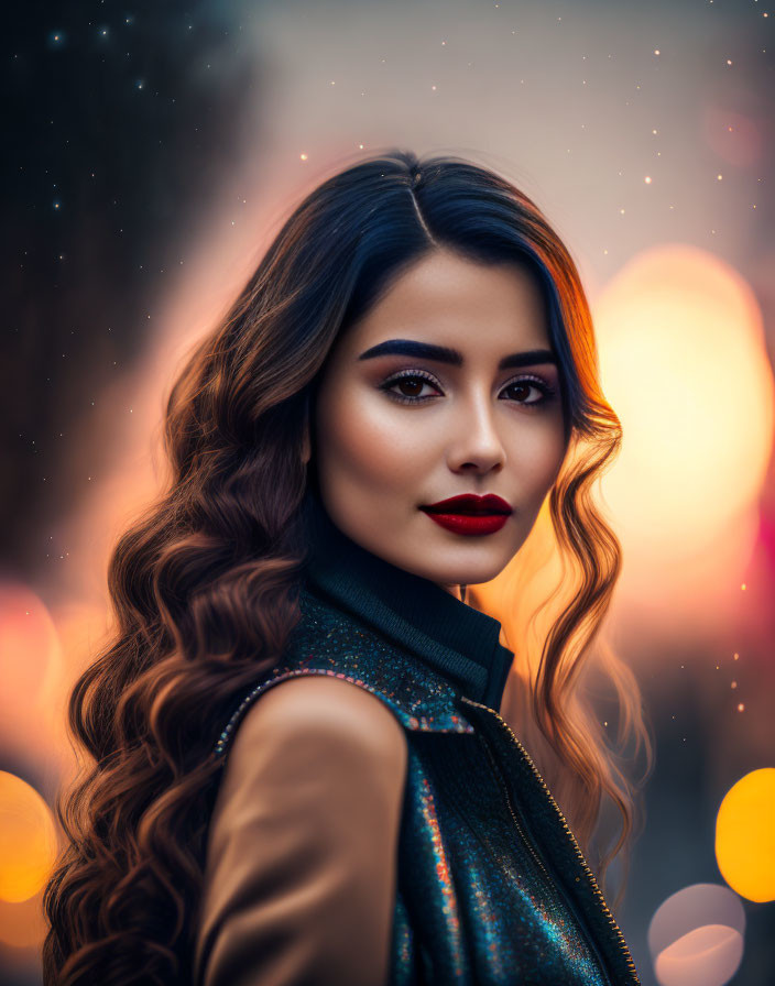 Woman with wavy hair and red lipstick in front of city lights bokeh.