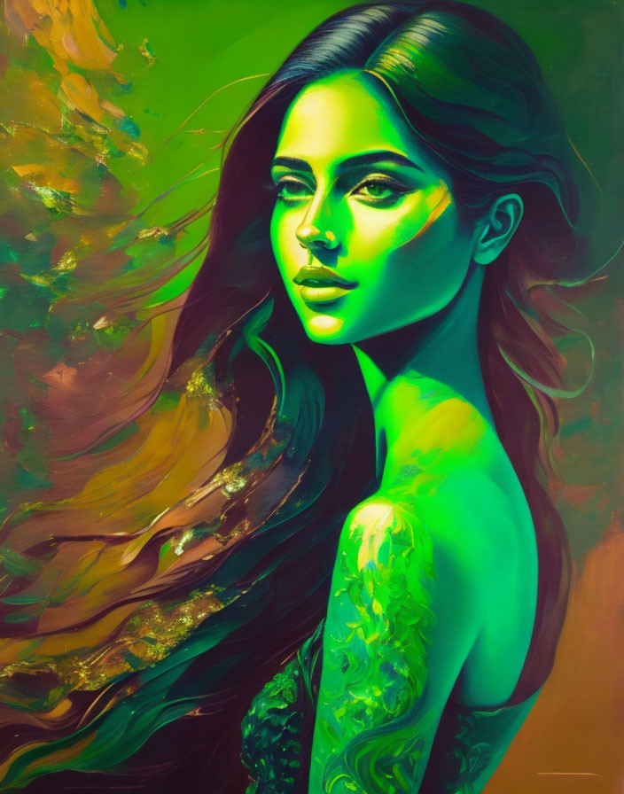 Colorful portrait of a woman with flowing green and gold hair and captivating gaze against abstract background.