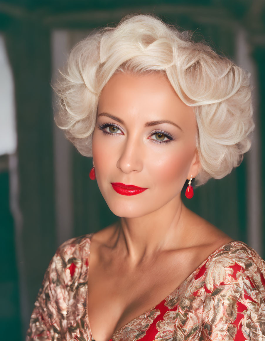 Blonde woman in golden dress and red earrings portrait