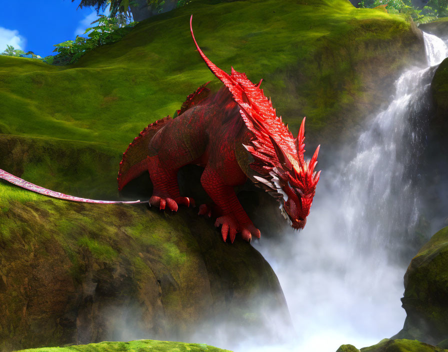 Majestic red dragon with horns and spikes near lush waterfall