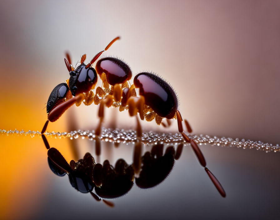 Ant walking on wet surface with reflection and warm background.