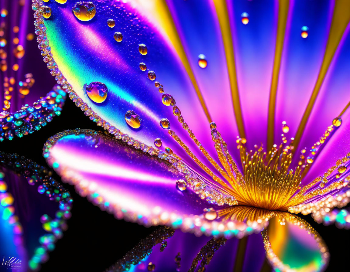 Vibrant multicolored flower petal with sparkling water droplets.