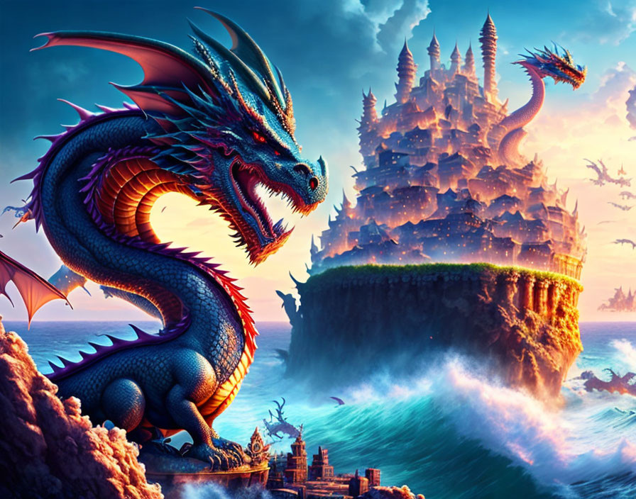 Majestic dragon beside floating island with castles under vivid sunset sky