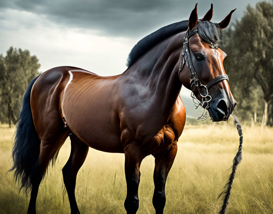 Brown horse with shiny coat and bridle in field under cloudy sky