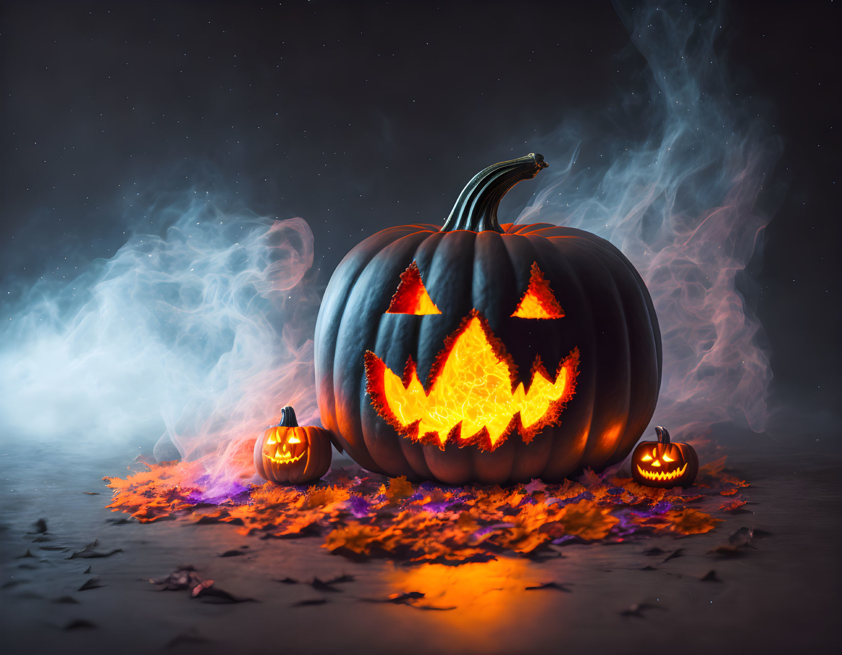 Carved Pumpkin with Fiery Glow Among Autumn Leaves and Smoke