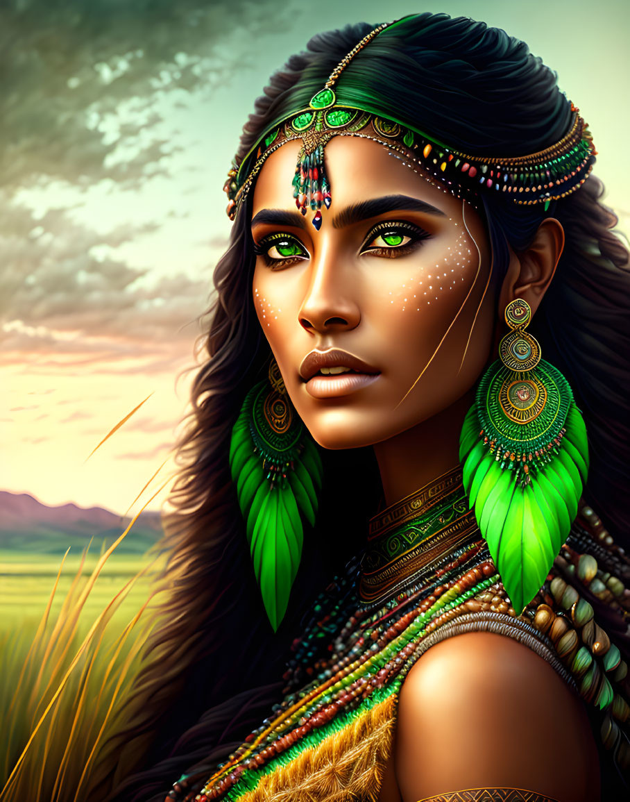 Woman with Striking Green Eyes and Jewelry in Sunset Field