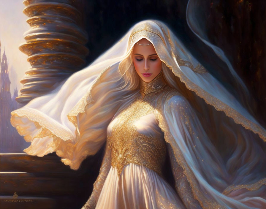 Medieval woman in golden attire with flowing veil and mystical backdrop