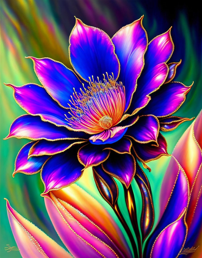 Colorful digital painting of a blue flower with pink highlights on a vibrant, swirled backdrop