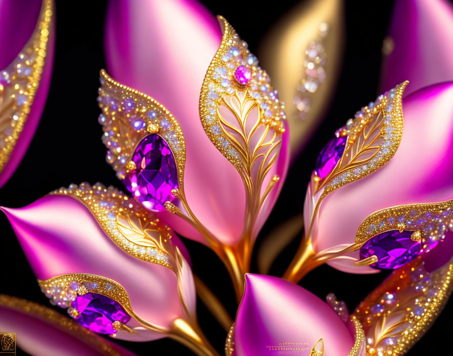 Jewel-encrusted pink and gold leaves with intricate golden detailing on black background