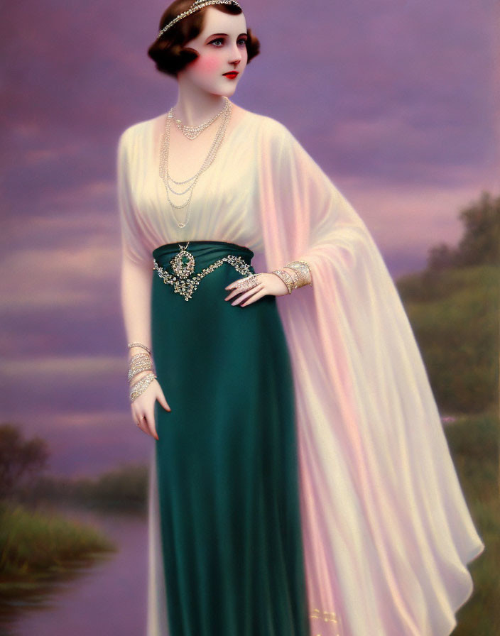 Vintage Woman in Green Dress with Pearl Accessories in Twilight Landscape